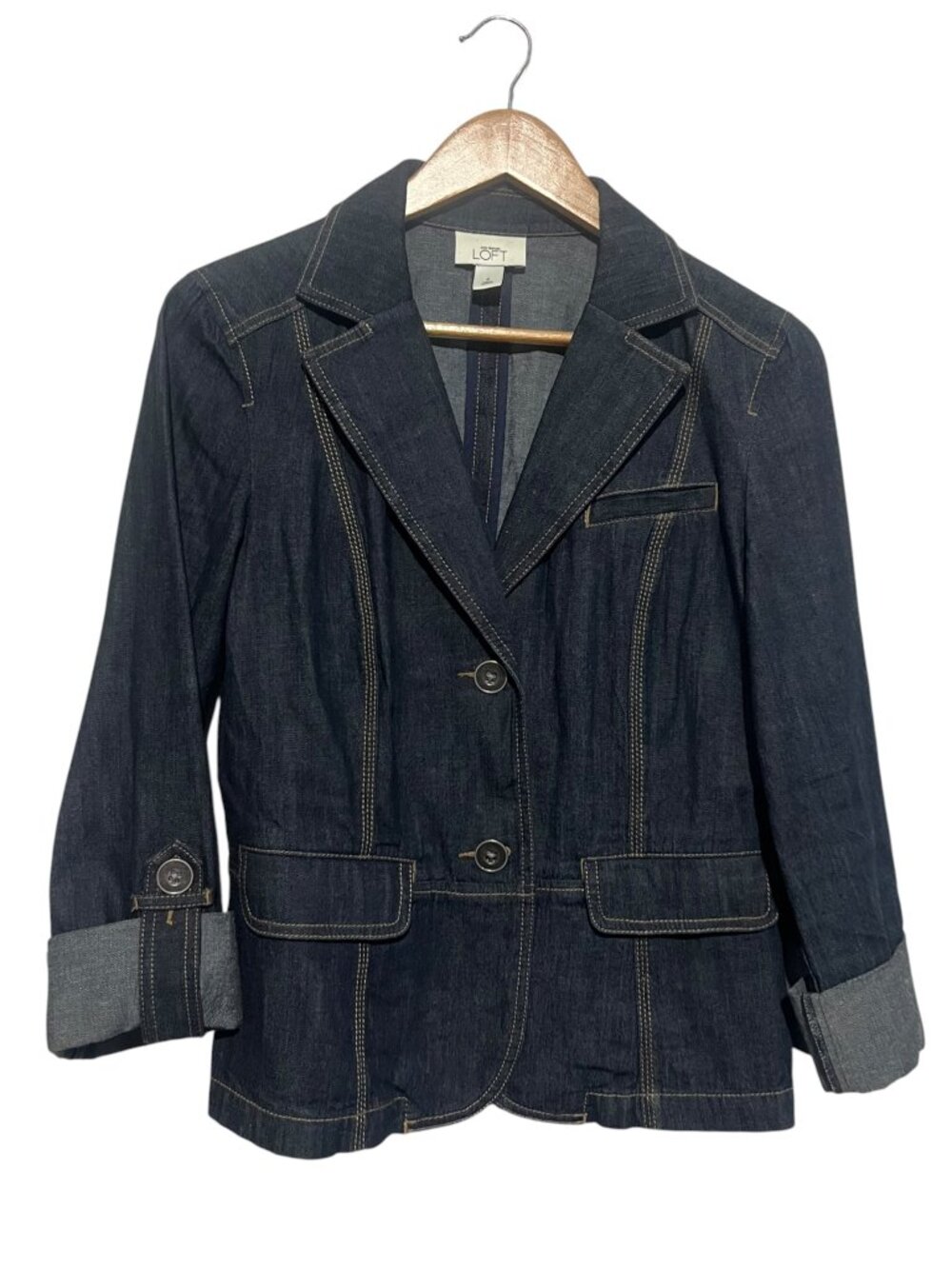 Ann Taylor LOFT Blue Denim Blazer Womens 8 Button Front Jean Jacket Classic Jean